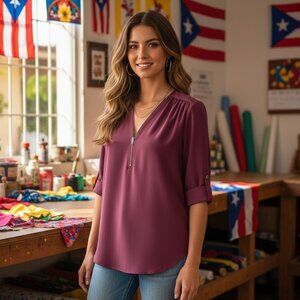 🆕️Ultra-Chic Purple V-Neck Blouse with Zip Detail & Roll-Up Sleeves Trendy 💜✨